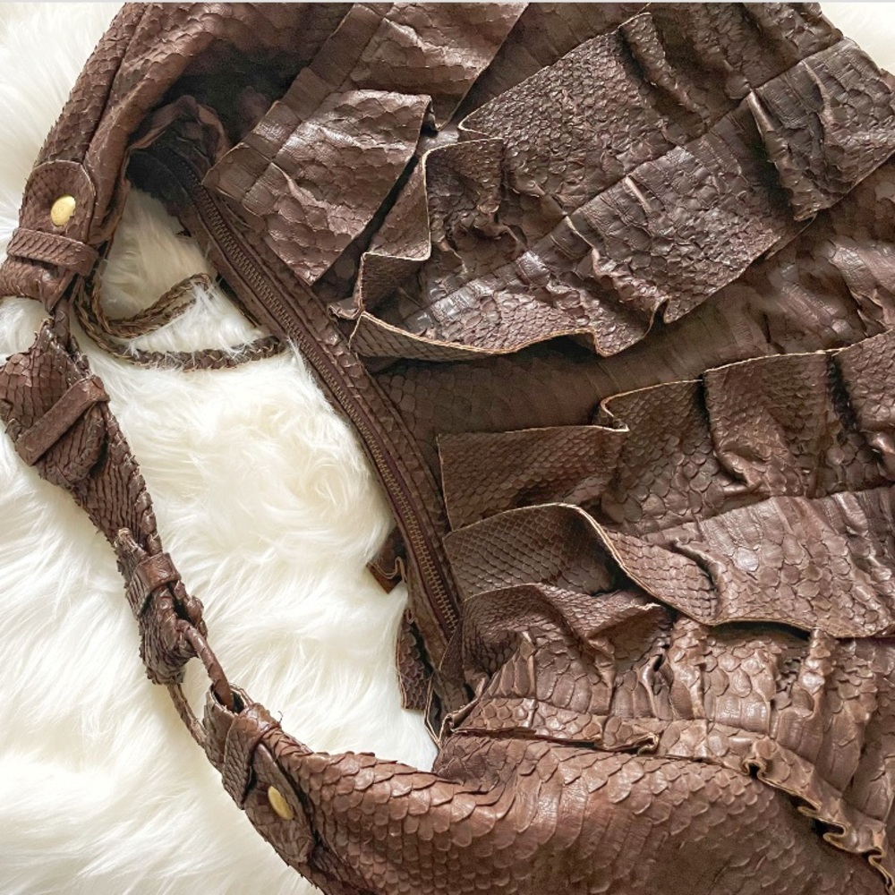 Uzca Snake Python Ruffle Shoulder Handbag - image 6